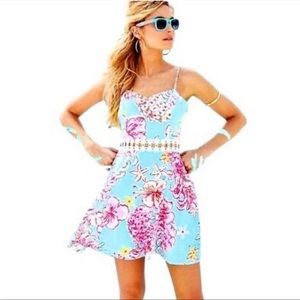 Lilly Pulitzer blue pink pineapple Lacey floral Lenore fit and flare dress sz 4